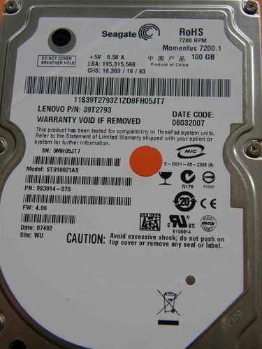 100 GB Seagate ST910021AS / 9S3014-070 / 4.06 / WU / 100349359 REV F hard drive
