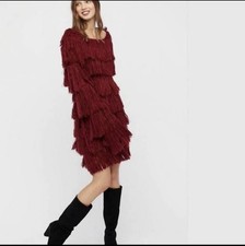 Free People Bali Fringe Sweater Dress Red Boho Shaggy Knit Festival Tunic XS 
