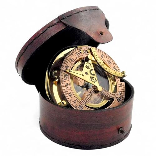 Antique Brass Sundial Compass with elegante Leather Case (O1s)