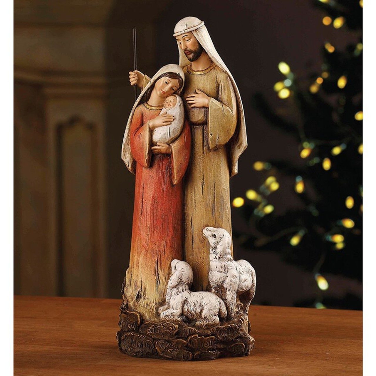 Holy Family with Lambs Figurine Hand-Painted Nativity Christmas Collectible Deco