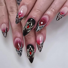 Halloween Press on Nails Medium Almond Spider Charms Fake Nails Red Gradient Fal