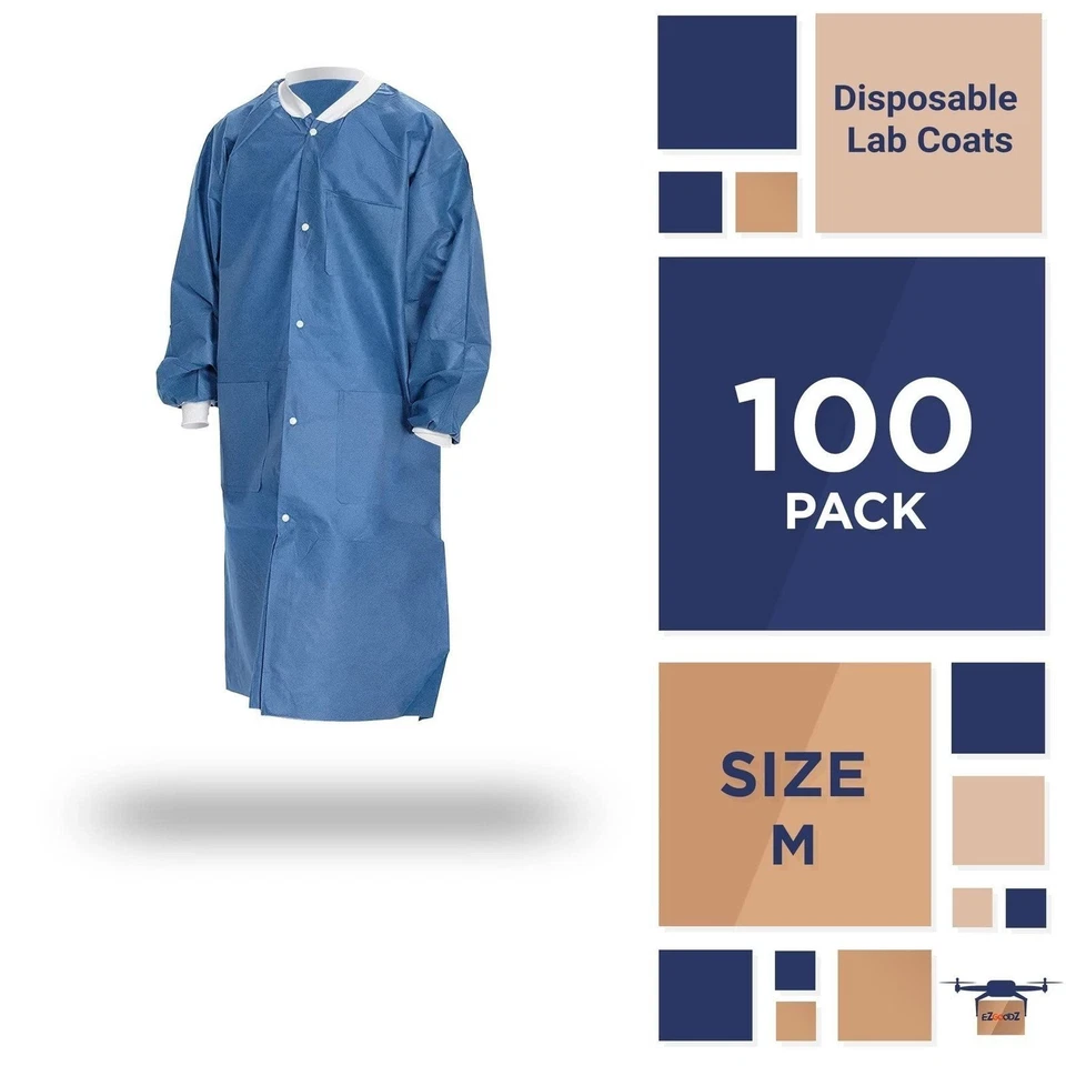 Disposable Lab Coats 38" Long 100ct Blue Adult Work Gowns Medium SMS 40 gsm PPE - Image 2 of 4