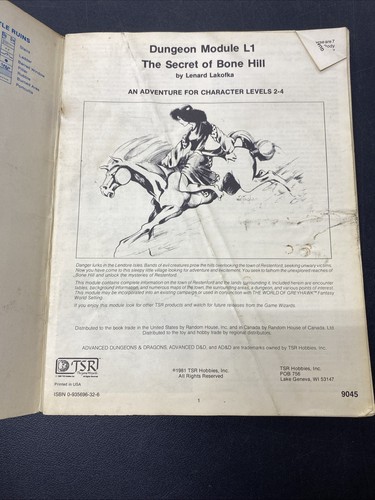 Advanced Dungeons & Dragons Dungeon Module L1 The Secret of Bone Hill 9045 1981 - Picture 3 of 6