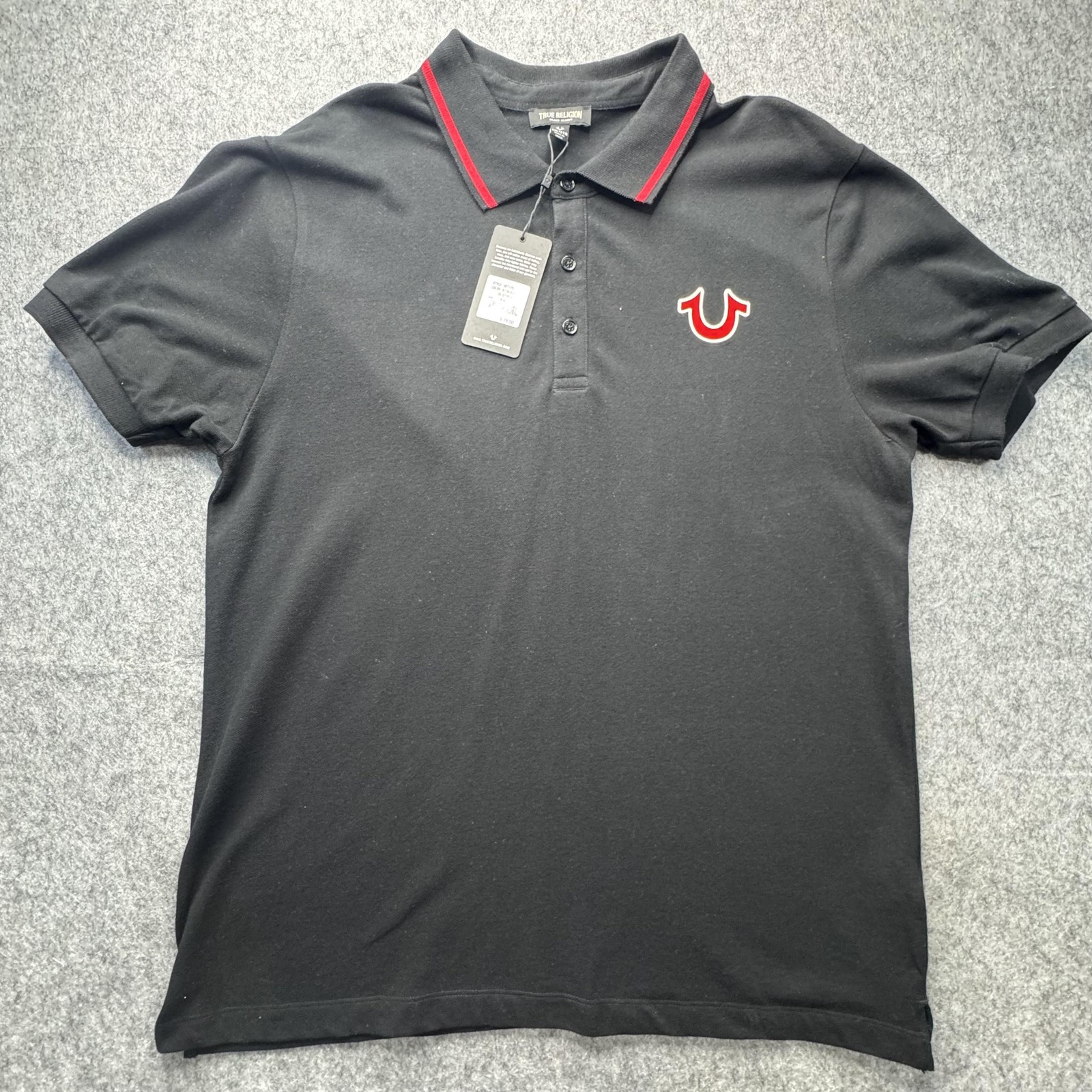 True Religion Polo Shirt Mens 2XL Black Buddha Guitar Logo Graphic 107125