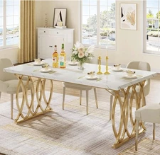 Modern White & Brushed Gold Dining Table, 63" for 4-6 People NEW IN BOX