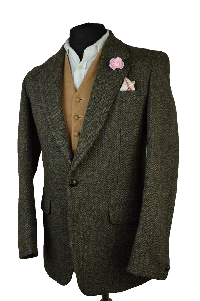 Harris Tweed Tailored Green Brown Herringbone Blazer Jacket 40R #31 PRISTINE - Image 4 of 4