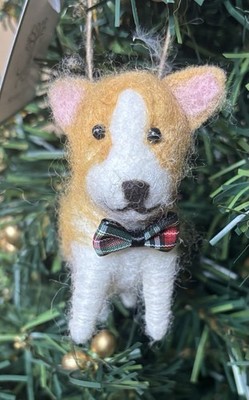 NWT Felted Wool Corgi Dog Christmas Tree Ornament Handmade Plaid Bow
