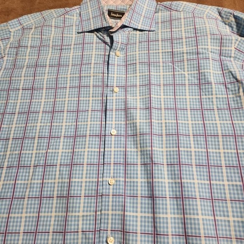 PARA HOMBRES Neiman Marcus Manga Larga Abotonada Para hombres XL Camisa Azul A Cuadros Puño Abatible - Imagen 2 de 10