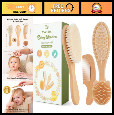 4-Piece Baby Brush & Comb Set - Wooden Brush with Soft Goat Hair for Newborns