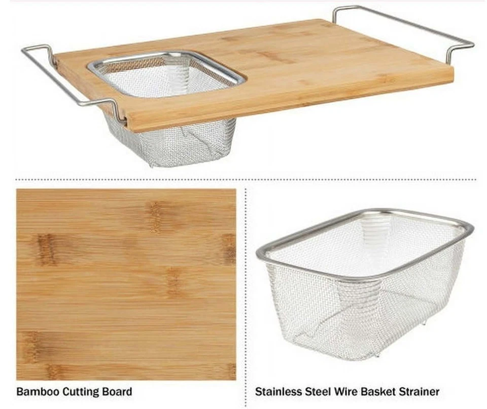 Over The Sink Bamboo Cutting Board Expandable Removable Strainer Wash Tray - Image 4 of 4
