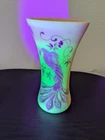 VTG Fenton Burmese Vase Uranium Glass Hand Painted Peacock Signed UV Glow