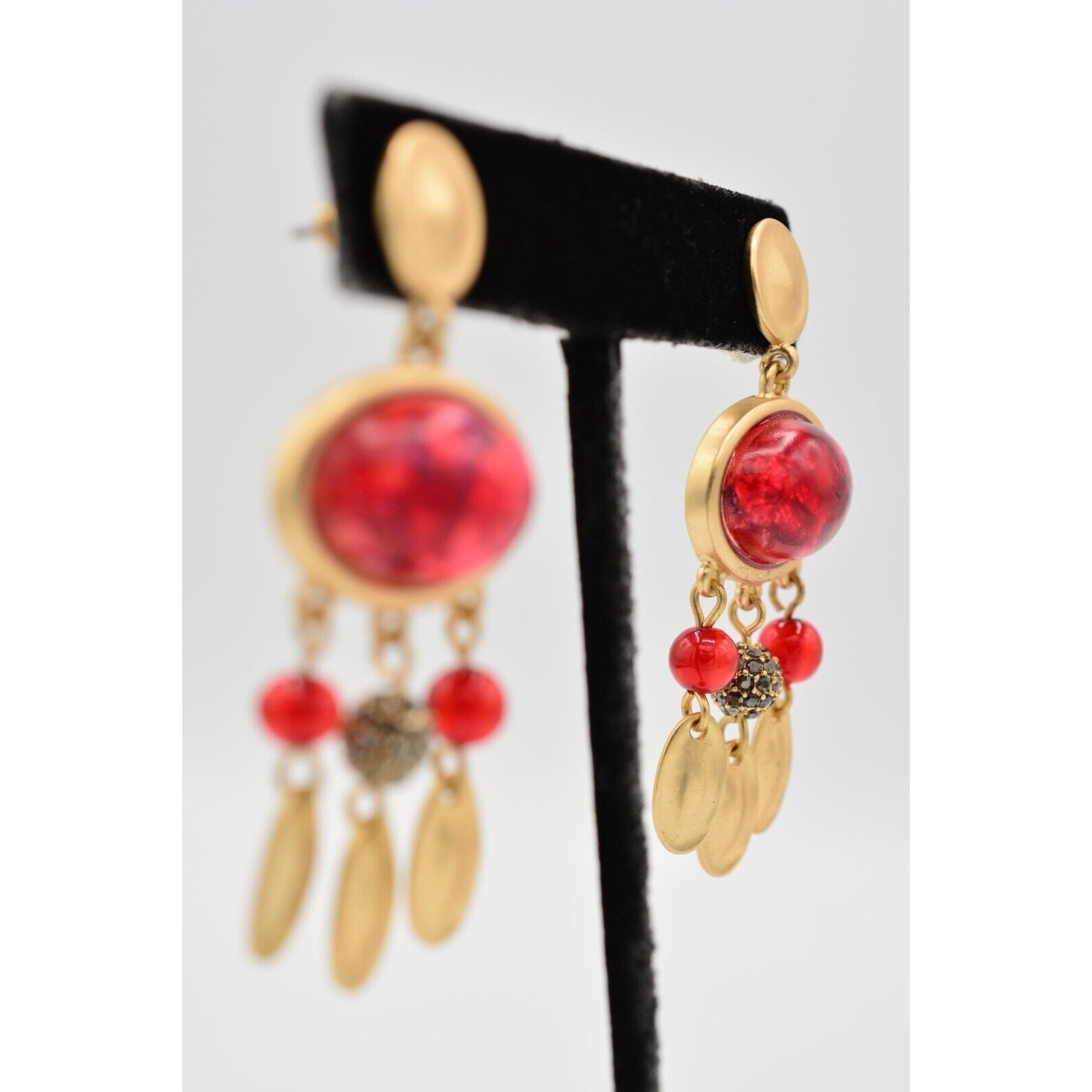 Statement Cabochon Dangle Earrings Red Lucite Bru… - image 5
