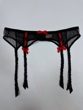 Agent Provocateur Black Mesh Garter Belt / Suspender Belt with Red Bows Size M