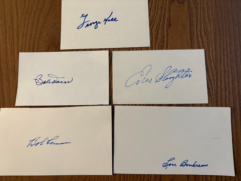 MLB HOF Signed Index Cards Lot of 5 - Lemon, Boudreau, Slaughter, Doerr and Kell