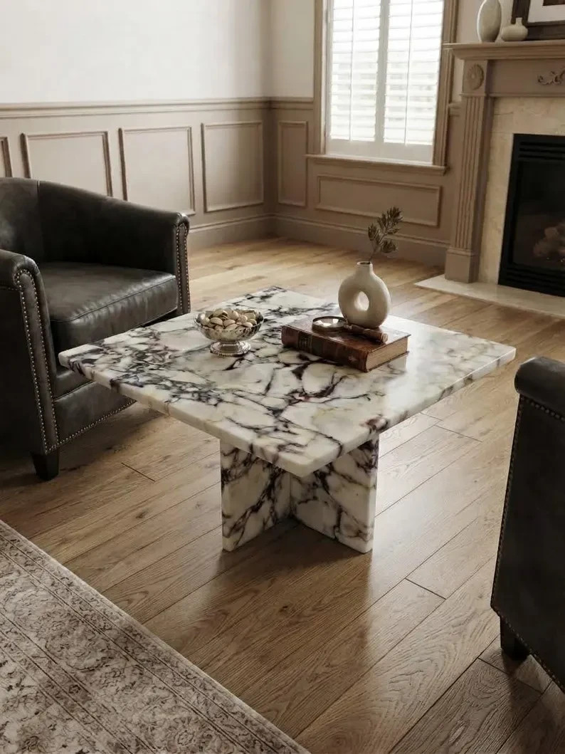 Calacatta Marble Coffee Tabletop, Rectangular Ivory Stone with Bold Dark Veins