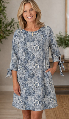 H&M William Morris & Co blue & white Size US 4 Tie Sleeves Floral Leaf Dress