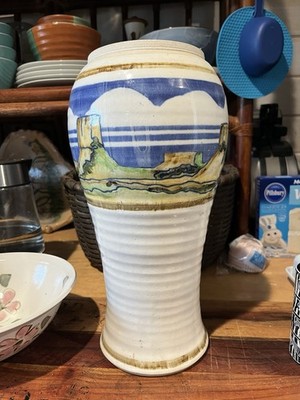 13.5'' scenic pottery vase, signed ALPHA studio