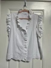 Women's Charter Club White Eyelet Cotton Blouse, Size Large, Eyelet trim/Sleeves