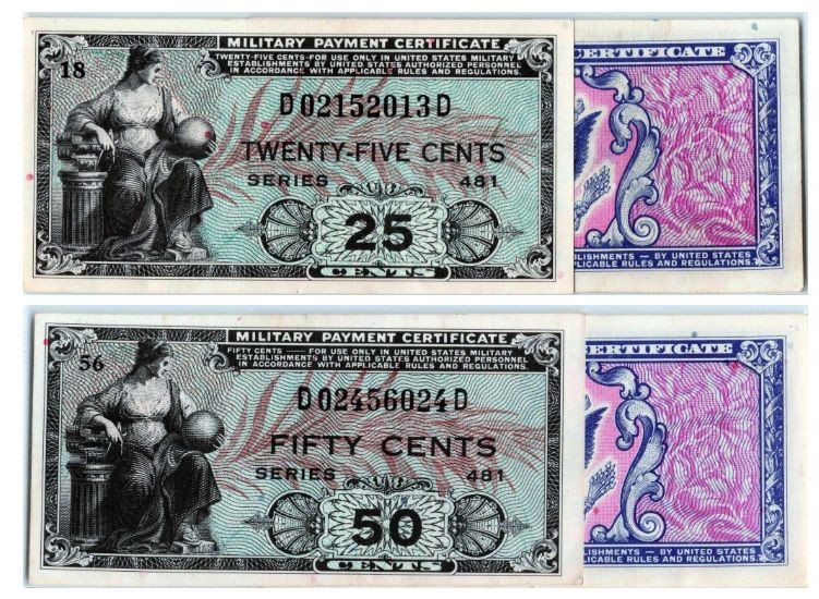 Lot of 2 US Military Payment Certificate MPC Series 481, 25c, 50c, Pick M24 M25
