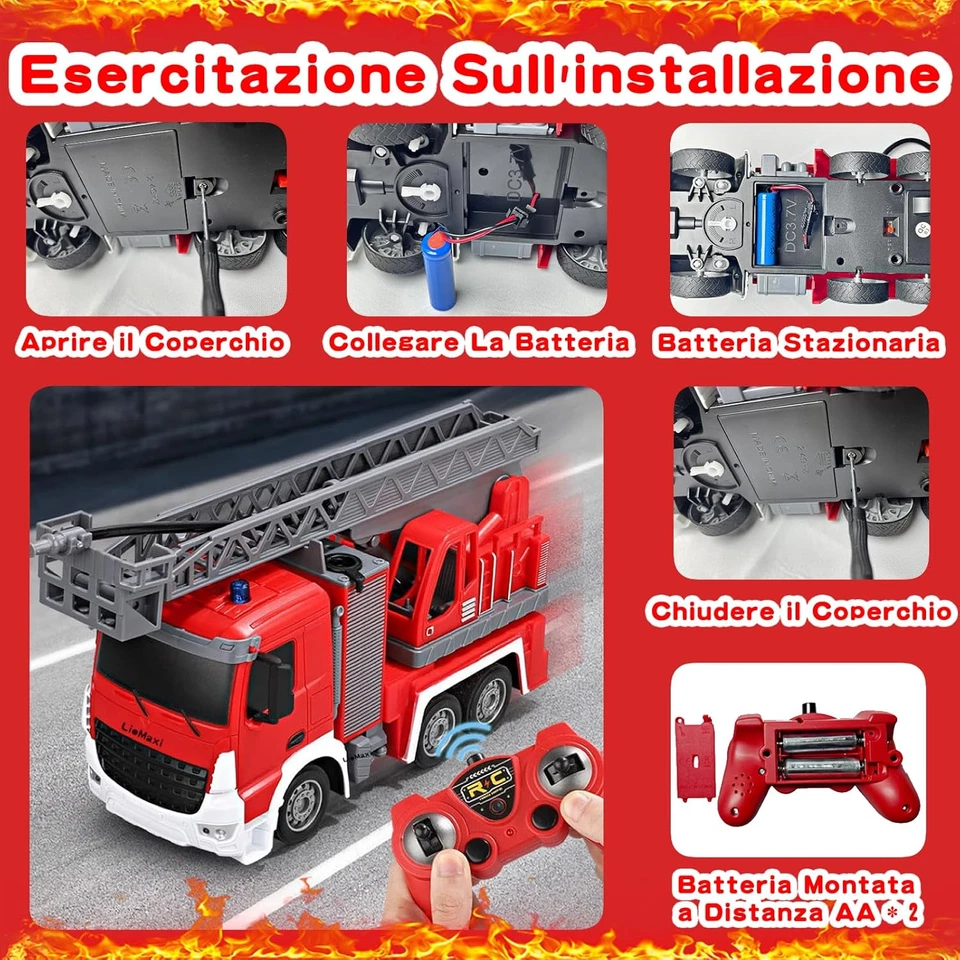 Scala 1:24 Telecomandata Giocattolo Camion Pompieri,Con Pompa Spruzzatrice D'Acq - Immagine 4 di 4