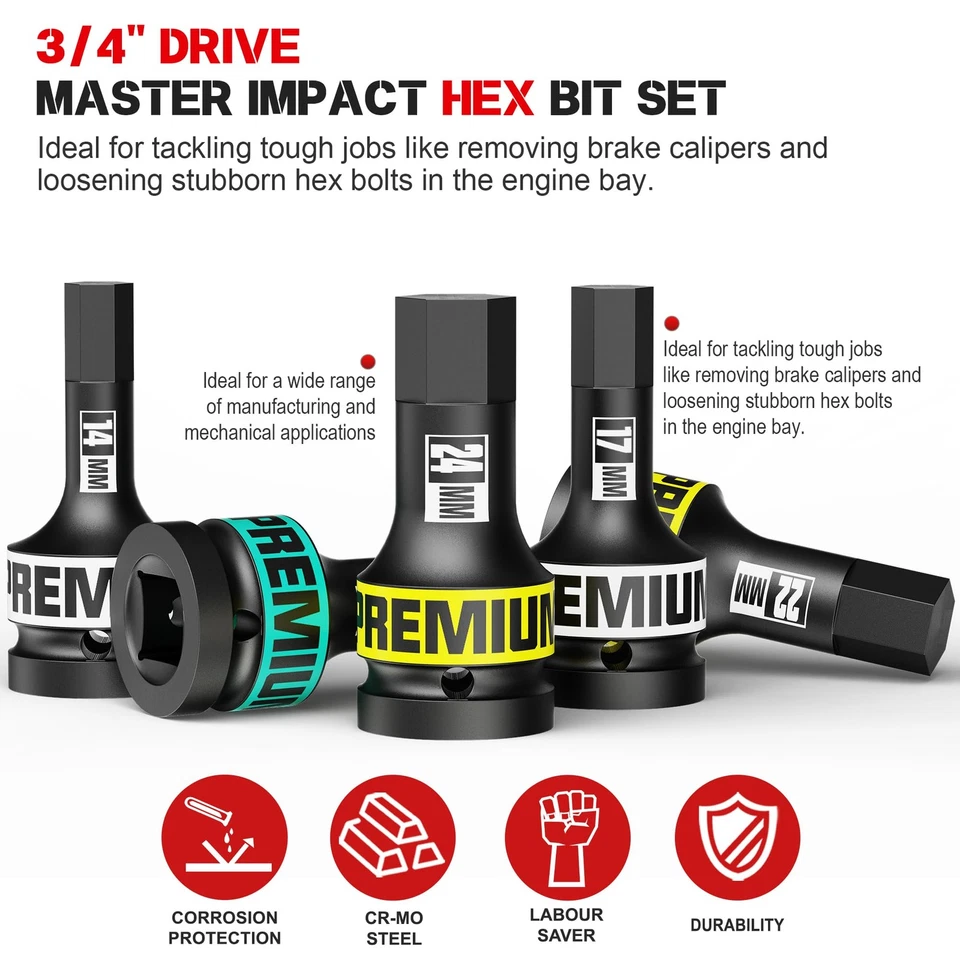 3/4" Drive Impact Hex Bit Set, 5 Piece Allen Bit Socket Set, 14-24mm, Metric,... - Image 4 of 4