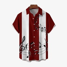 Mens classic red striped musical note print shirt 2409010664