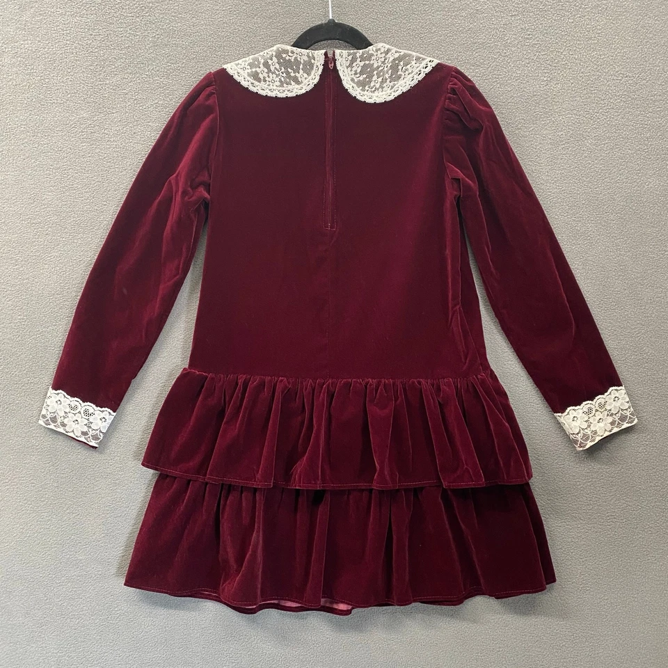 Vtg 80s 90s Velvet Drop Waist Ruffle Tiered Hem Party Dress Girls 8 Lace Collar - Image 2 of 4