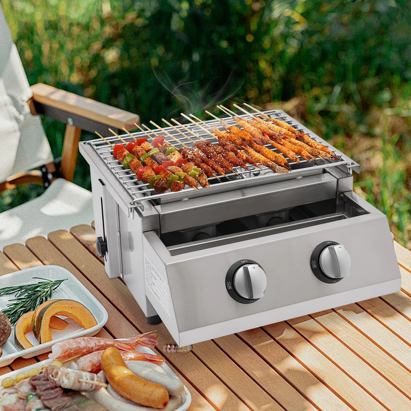 Portable 2 Burner Gas BBQ Grill Tabletop Camping Smokeless Grill Stainless Steel