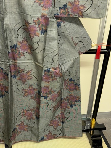 Japanese Vintage Kimono Pure Silk Grey Expensive Tsumugi Dirt Height 61.81in - Picture 11 of 23