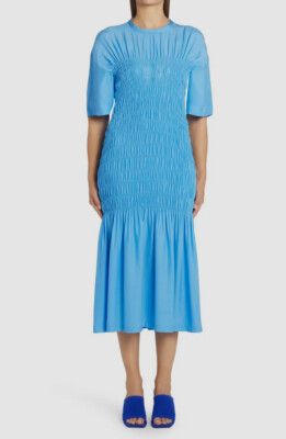 $2600 Stella McCartney Women's Blue Smocked Silk Midi Dress $2600 Stella McCartney Women's Blue Smocked Silk Midi Dress