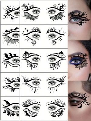 10Pcs Halloween Eye Tattoo Stickers Bat Spider Web Cat Waterproof Face Makeup