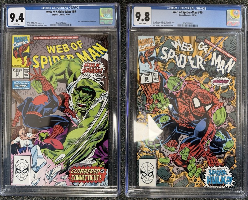 Lot 2x 🕸  Web of Spider-Man #69 & 70 CGC 9.4 & 9.8 White Pgs - 1st Spider-Hulk
