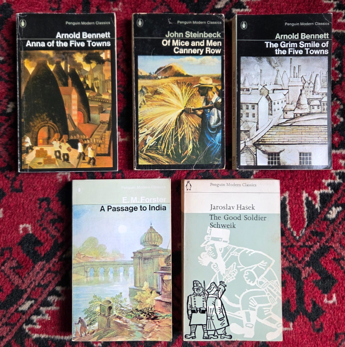 5 vintage Penguin Modern Classics books/novels (John Steinbeck, Arnold Bennett)
