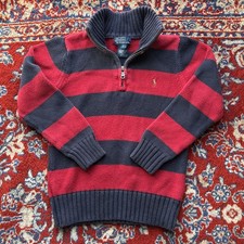 Polo Ralph Lauren Sweater Youth XS 6 Gray 1/4 Zip Knit Mock Neck Red Navy Stripe