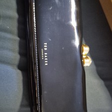 Ted Baker Black Patent Leather Clutch, Gold Push Lock, Pearl & Rhinestone