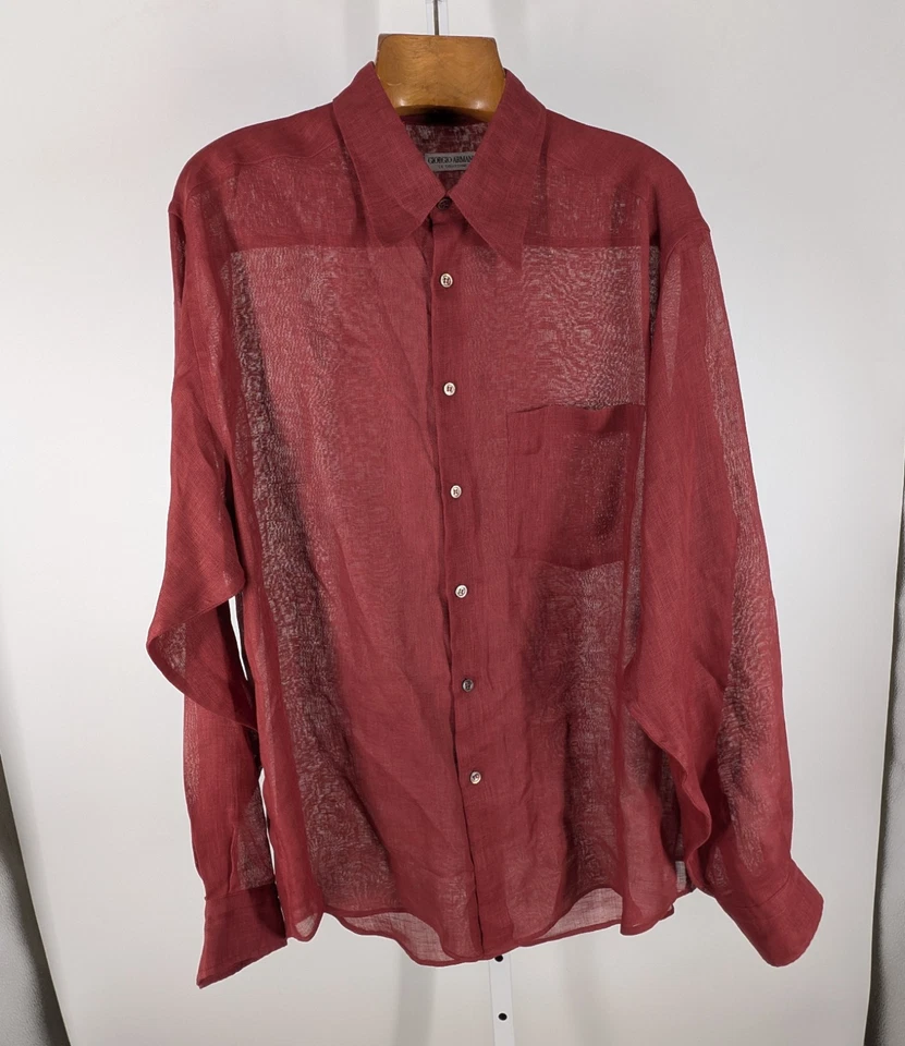 Vtg Giorgio Armani Le Collezioni Sheer Linen Shirt Men's XL Clay Red 90s Italy - Image 2 of 4