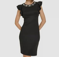 Tommy Hilfiger Women's Black Rhinestone-Trim Flutter-Sleeve Dress Size 6