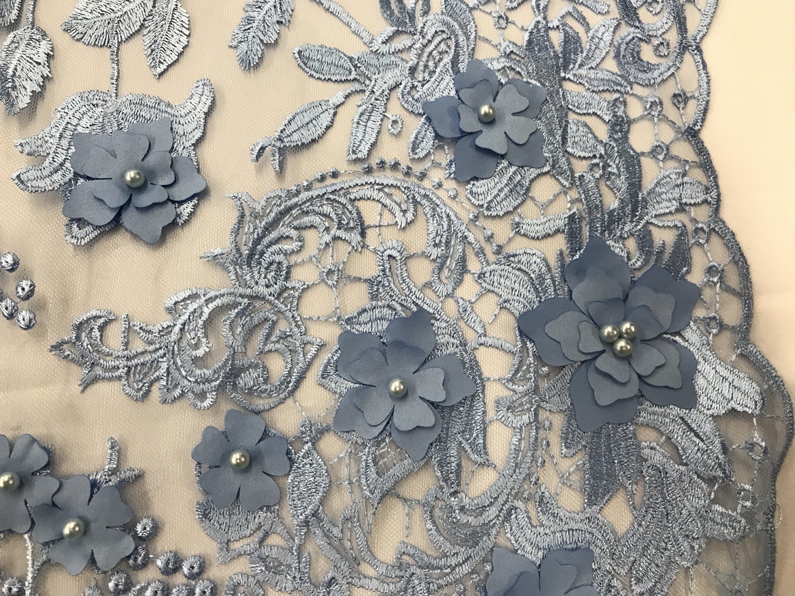 PERIWINKLE 3D FLORAL DESIGN EMBROIDERY WITH PEARLS ON A MESH-1YARD-FREE SHIPPING