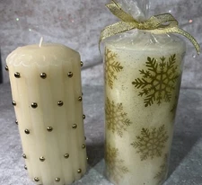 2 New Christmas Pillar Candles Cream Colored Glitter Snowflake & Gold Beaded 6x3