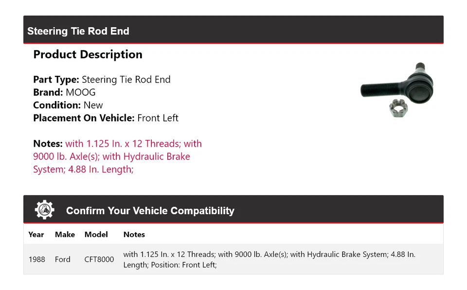 Para Ford CFT8000 1988 extremo de barra de dirección delantero izquierdo MOOG Foto 2 de 4
