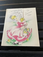 Vintage Greeting Card Get Well Girl Pink Dress