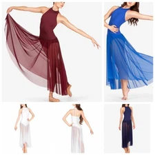 Women Sleeveless Mock Neck Dance Costume Lyrical Ballet Dress Leotard Maxi Skirt