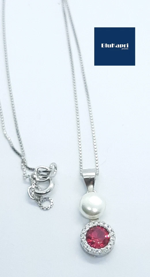 Collana donna in Argento 925 con ciondolo pietra rossa e zirconi bianchi collier - Immagine 3 di 4
