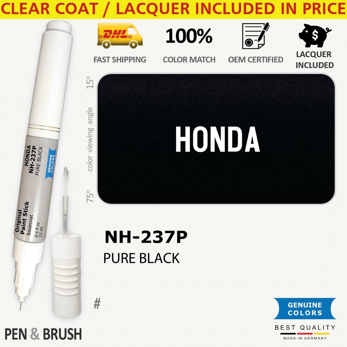 NH 237P Touch Up Paint for Honda Black # PURE BLACK Pen Stick