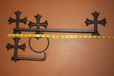 (3) Cast Iron Mission Revival Bathroom Accessories, Towel Bar Ring TP Holder