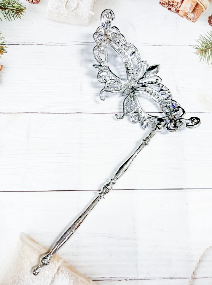 Masquerade Mask with Stick, Wedding Party Silver Mask, Prom Blue Crystal Mask - Image 3 of 4