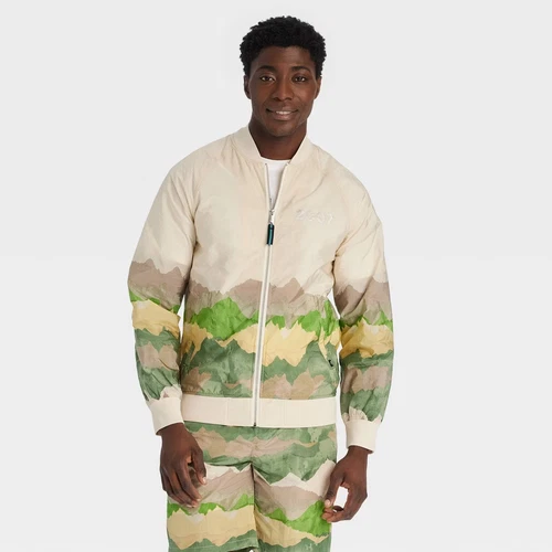 Houston White Adult Mountain Print Bomber Windbreaker Jacket - Beige Green XL - product listing photo