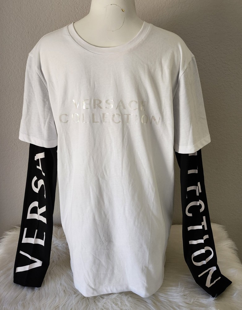 Versace Collection Cotton White/Black Crew Neck  Long Sleeve T Shirt  Men Sz M