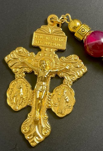 Semi Precious Pink Banded Agate 10mm Stone 28” Rosary Pardon Crucifix w/ Tag - Picture 2 of 8