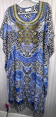 Miss Lavish London Womens KAFTAN 22 24 Blue Gold Coverup Lounge Resort Vacation
